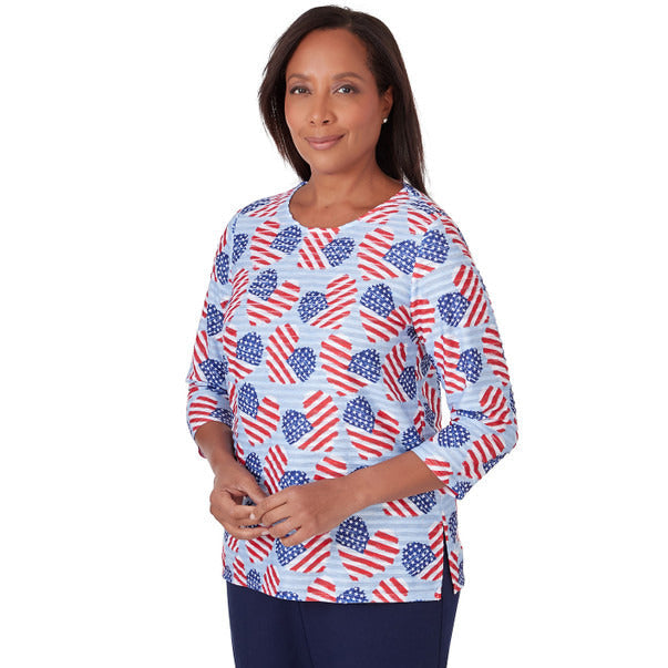 Alfred Dunner Women's Flag Hearts Three Quarter Sleeve Shirt