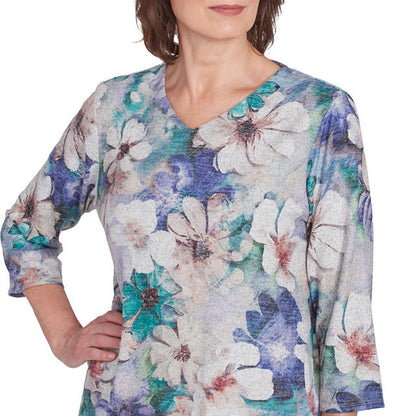 Alfred Dunner Women's Watercolor Floral Melange Top with Pockets