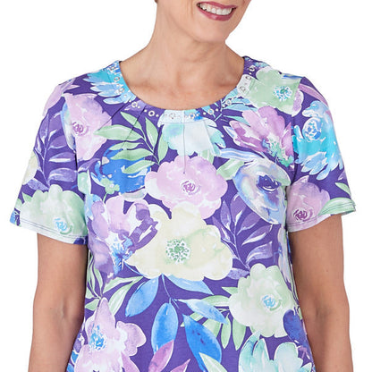 Alfred Dunner Women's Pleated Neck Floral Short Sleeve Tee