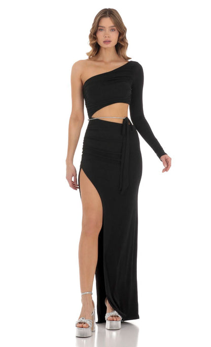 Lucy in the Sky Rhinestone Wrap Cutout Maxi Dress in Black