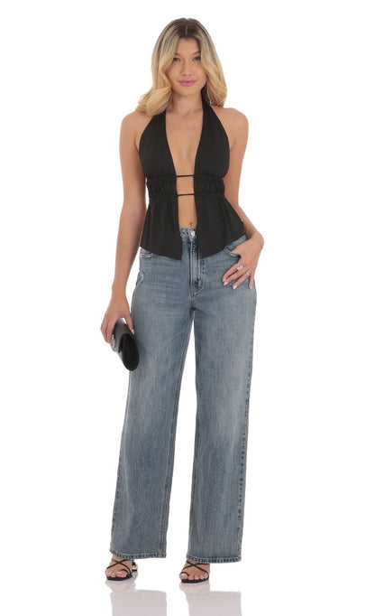 Lucy in the Sky Halter Open Back Top in Black