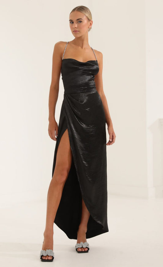 Lucy in the Sky Satin Luxe Rhinestone Strap Maxi Dress in Black