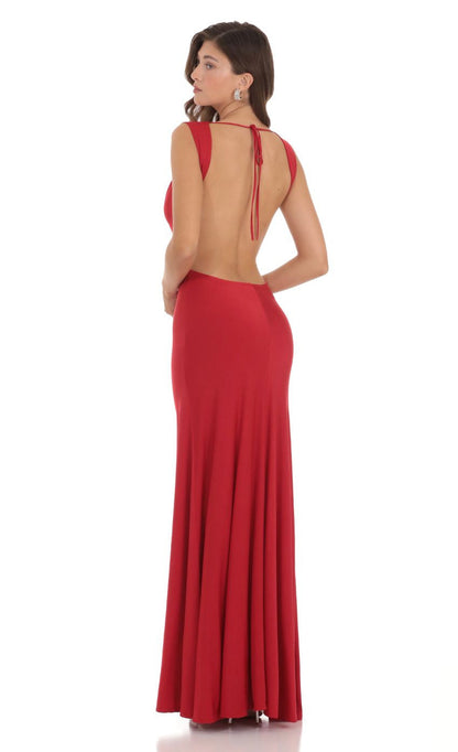 Lucy in the Sky Open Back Cowl Neck Dress in Red