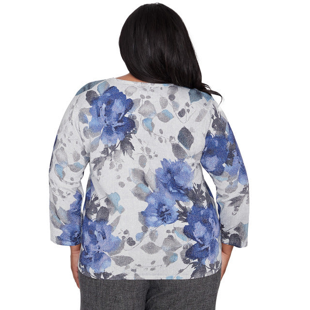 Alfred Dunner Women's Watercolor Floral Shimmer Crew Neck Sweater