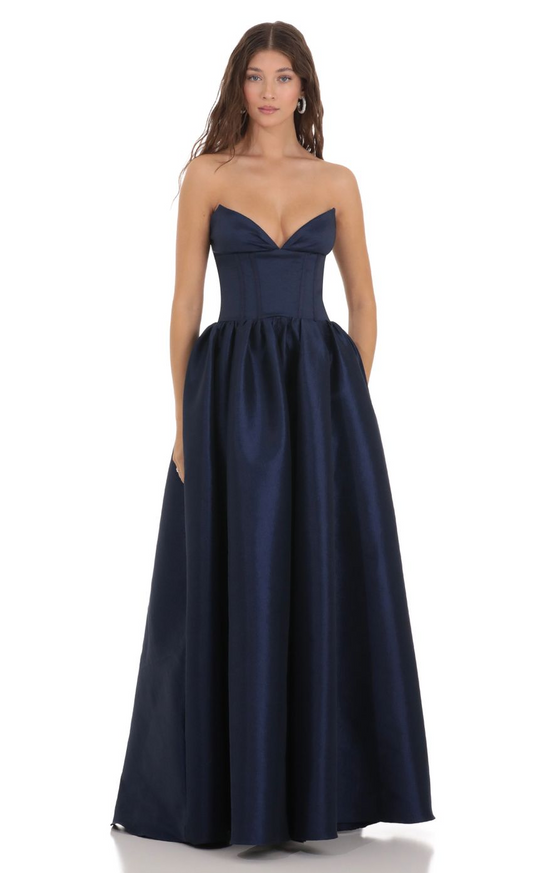 Lucy in the Sky Corset Strapless Gown Dress in Navy