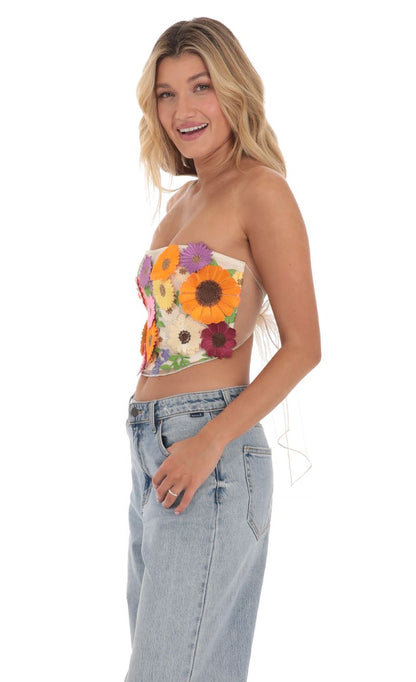 Lucy in the Sky 3-D Flower Strapless Top in Cream