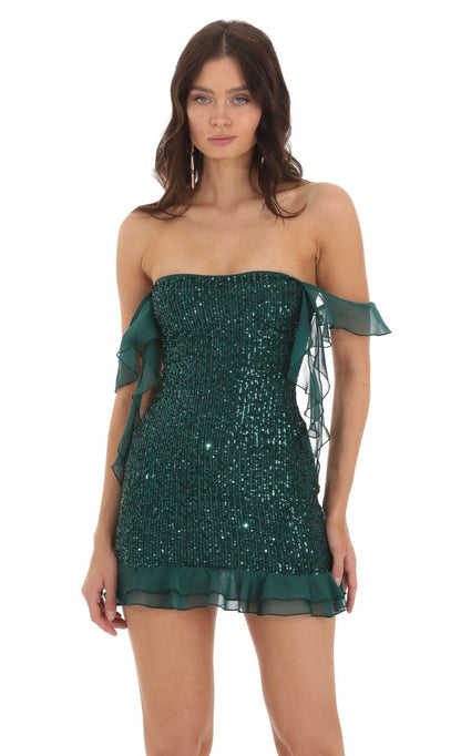 Lucy in the Sky Kiraz Sequin Off Shoulder Dress in Green