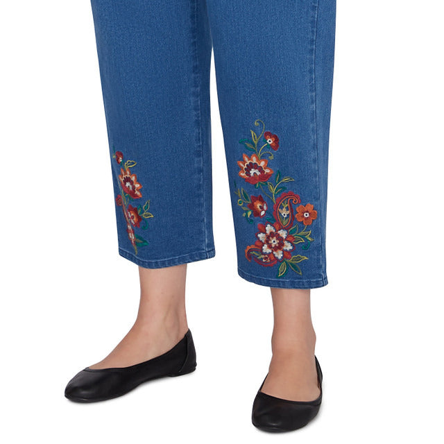 Alfred Dunner Women's Floral Embroidered Denim Ankle Pant