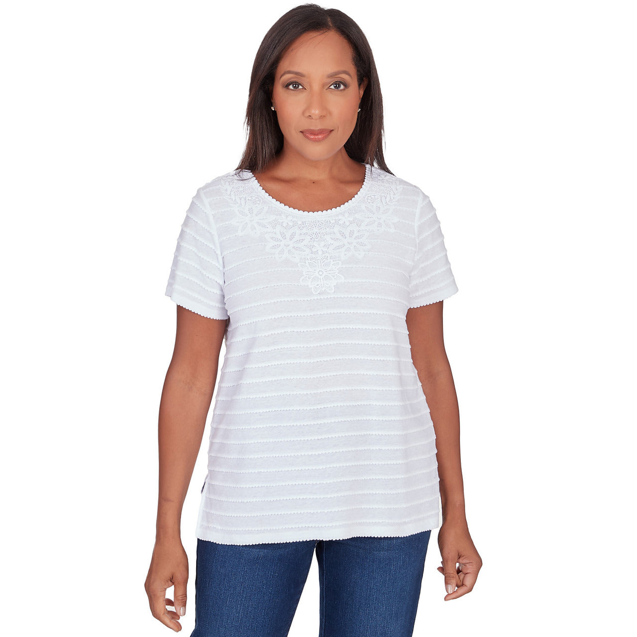 Alfred Dunner Women's Lace Neck Striped Split Hem Tee 2