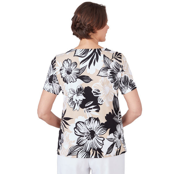 Alfred Dunner Women's Pleated Neck Bold Floral Short Sleeve Tee