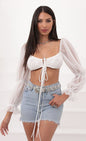 Lucy in the Sky Puff Sleeve Front Tie Crop In White Chiffon Polka Dots