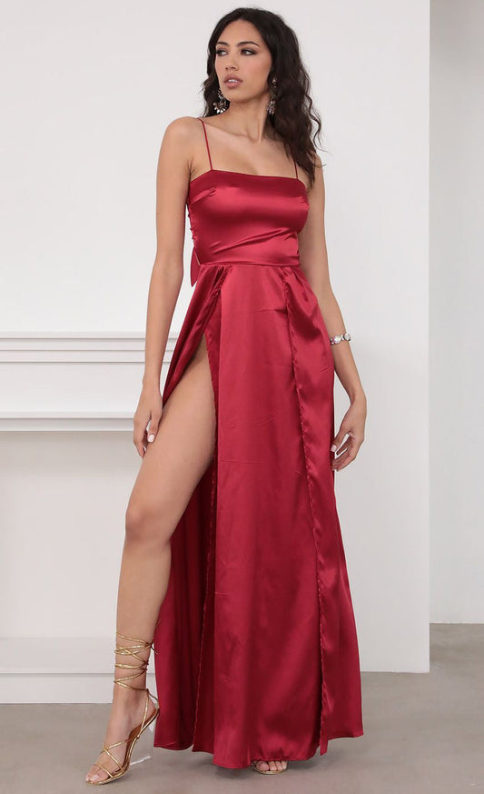 Lucy in the Sky Satin Maxi Dress in Red