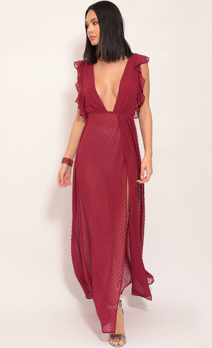 Lucy in the Sky Layla Ruffle Chiffon Maxi in Ruby Dots