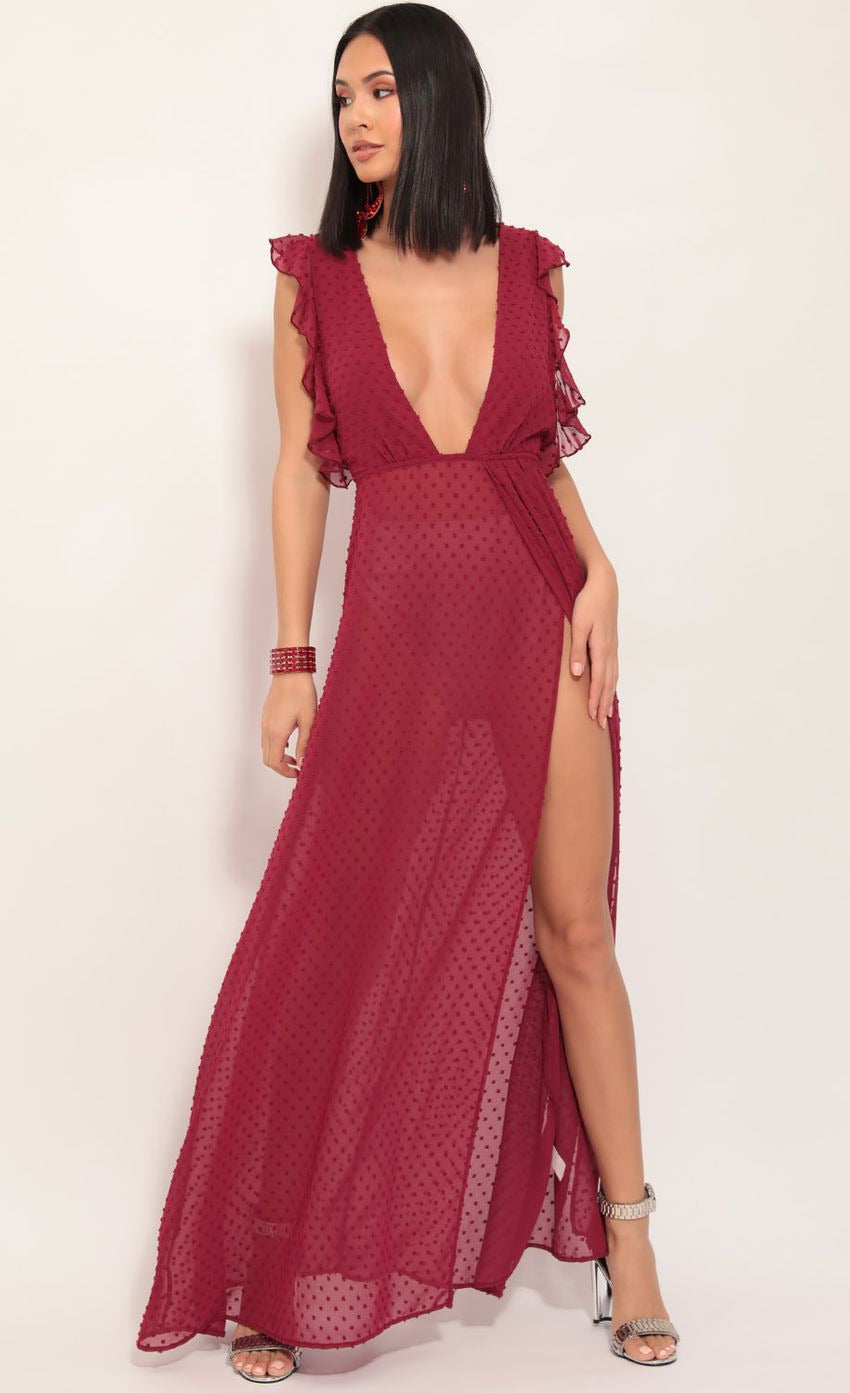 Lucy in the Sky Layla Ruffle Chiffon Maxi in Ruby Dots