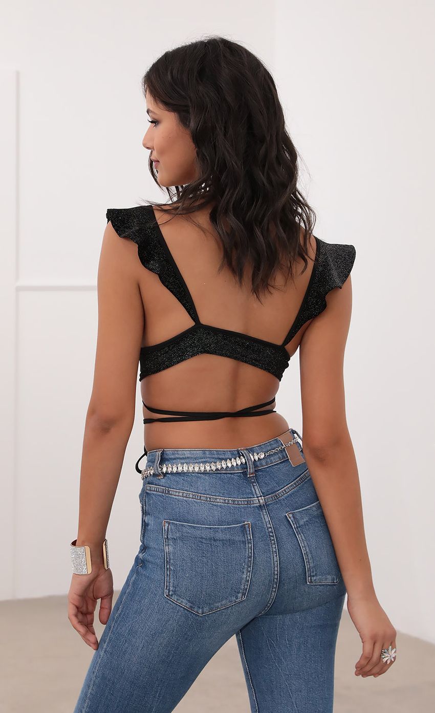 Lucy in the Sky Ruffle Crop Top in Black Velvet