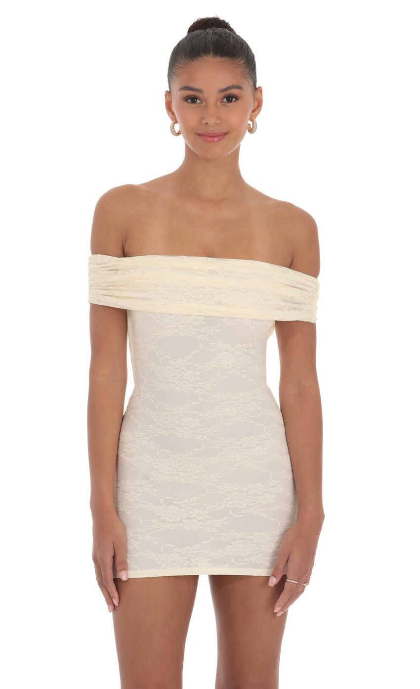 Lucy in the Sky Off Shoulder Lace Bodycon Dress in Cream