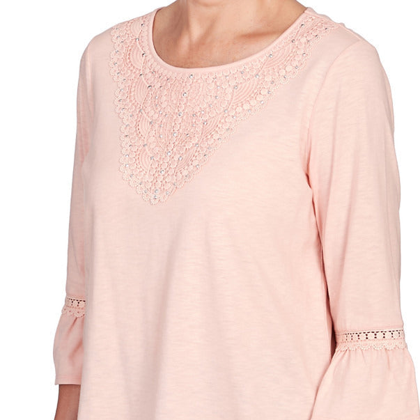 Alfred Dunner Women's Lace Neck Solid Flutter Sleeve Top