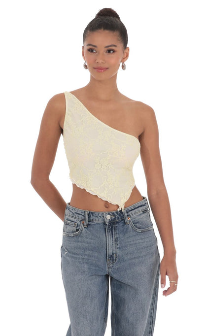 Lucy in the Sky One Shoulder Lace Top in Yellow