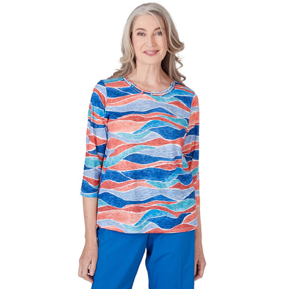 Alfred Dunner Women's Crew Neck Beach Wave Top