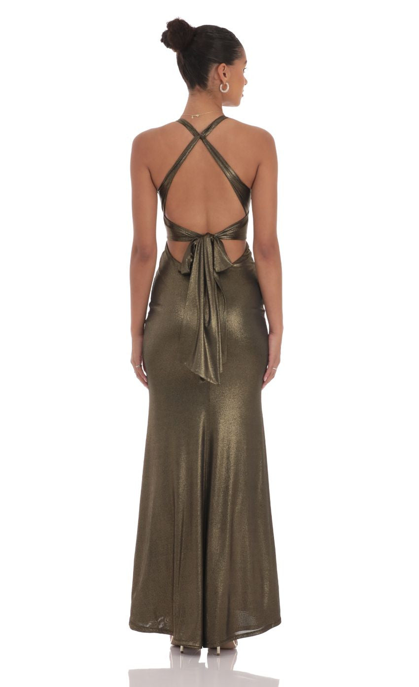 Lucy in the Sky Foiled Twist V-Neck Maxi Dress in Black and Gold