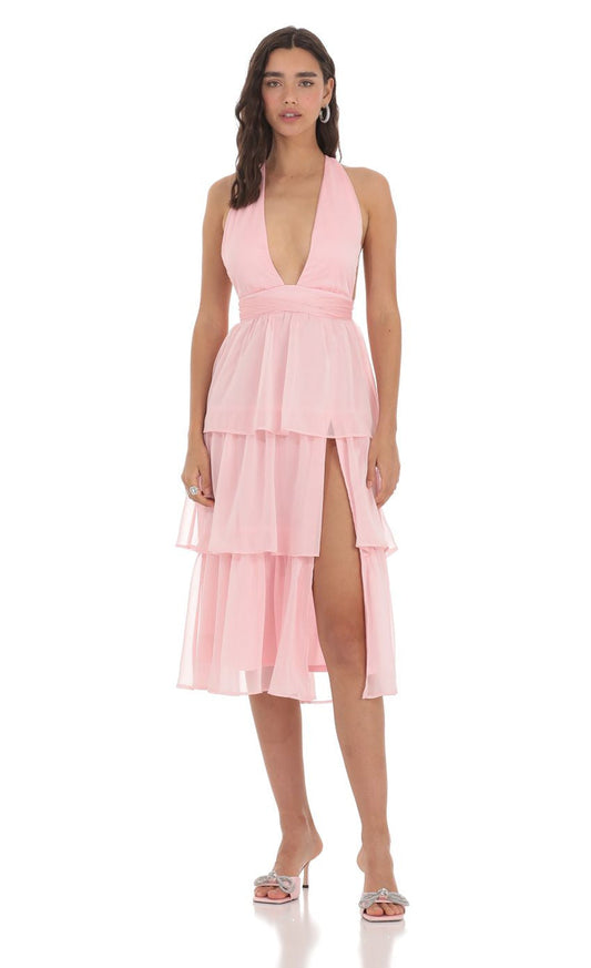 Lucy in the Sky Open Back Ruffle Midi Dress in Pink