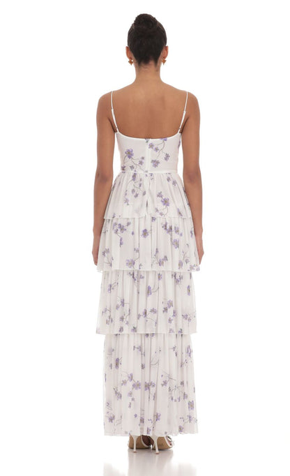 Lucy in the Sky Floral Mesh Ruffle Maxi Dress in White