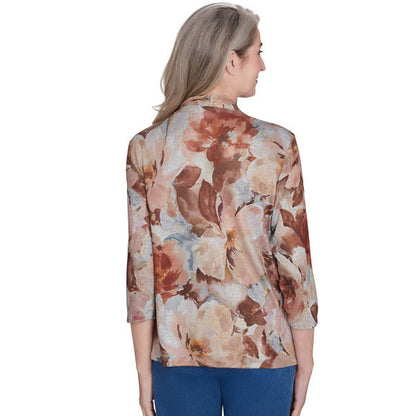 Alfred Dunner Women's Watercolor Floral Melange Two In One Top with Necklace