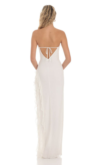 Lucy in the Sky Mesh Strapless Triple Ruffle Maxi Dress