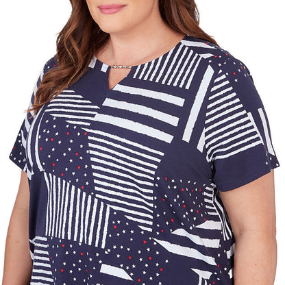 Alfred Dunner Women's Stars And Stripes Split Neck Tee