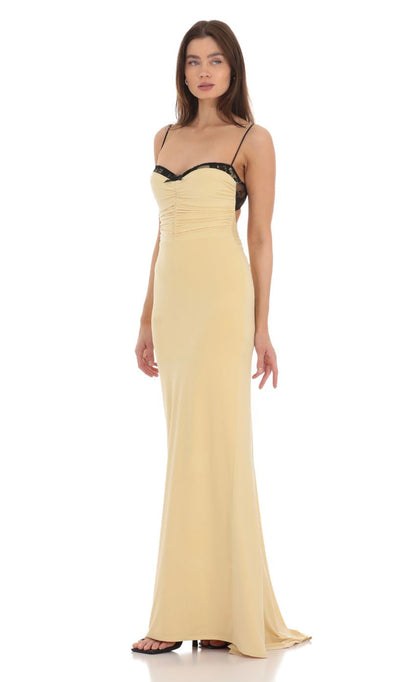 Lucy in the Sky Lace Bust Open Back Maxi Dress in Yellow