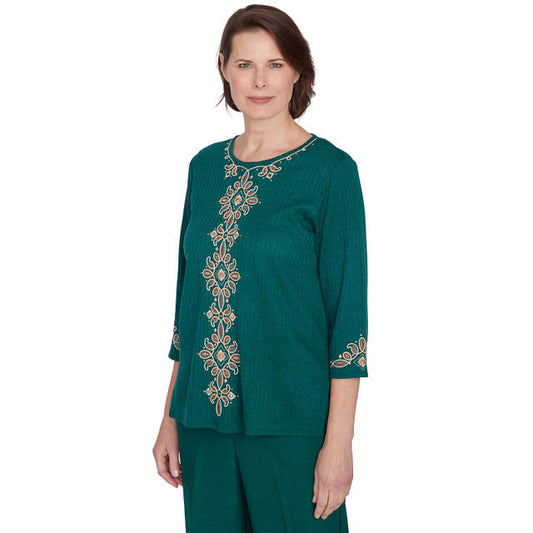 Alfred Dunner Women's Center Medallion Embroidered Three Quarter Sleeve Top