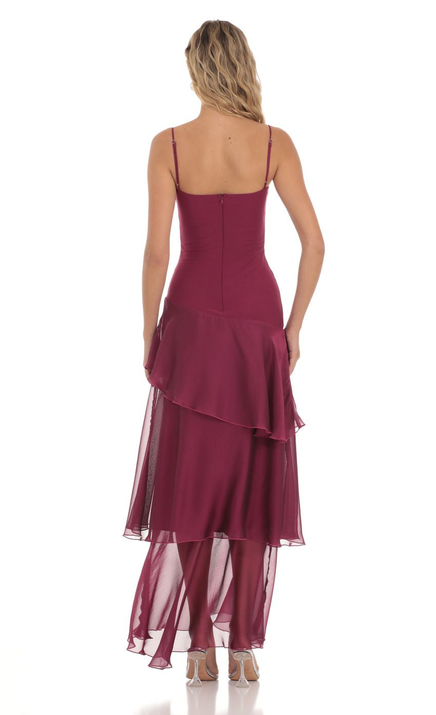 Lucy in the Sky Long Ruffle Maxi Dress in Plum