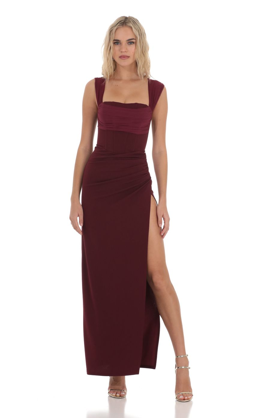 Lucy in the Sky Mesh Draped Corset Maxi Dress in Burgundy