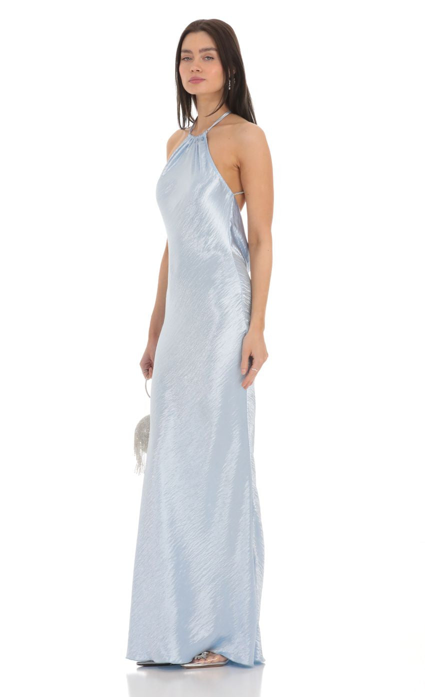 Lucy in the Sky Rhinestone Satin Open Back Maxi Dress in Blue