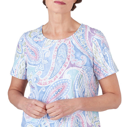 Alfred Dunner Women's Pleated Crew Neck Paisley Short Sleeve Tee