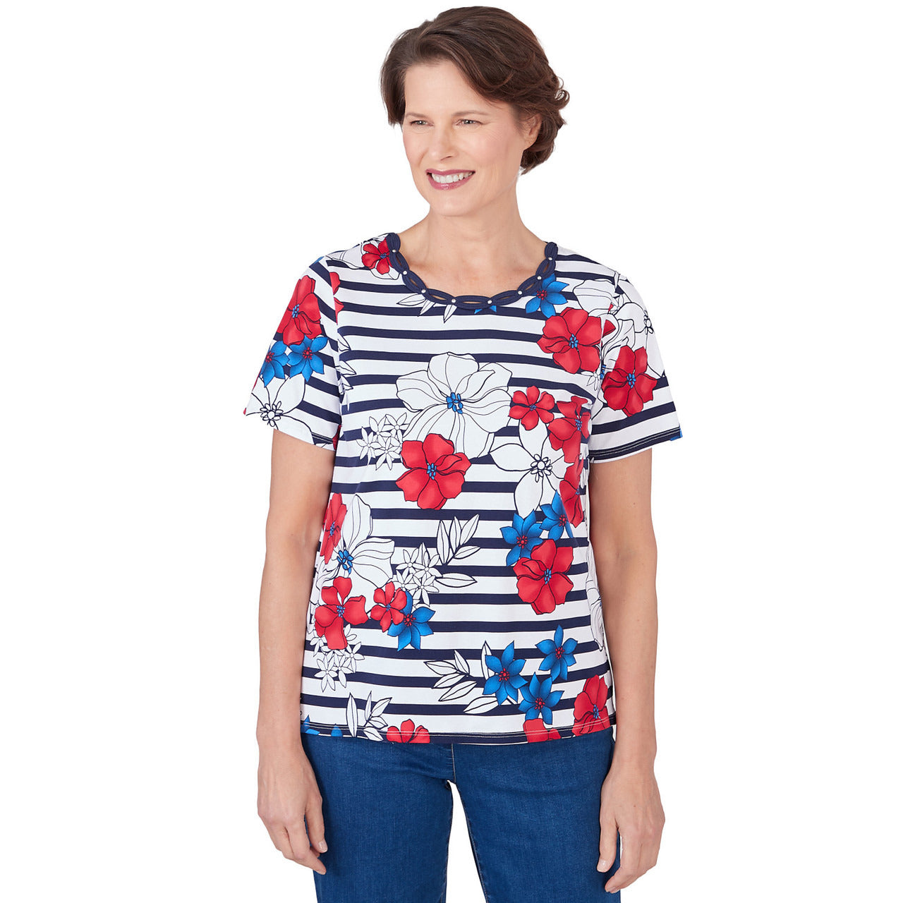 Alfred Dunner Women's Floral Stripe Braided Neck Tee