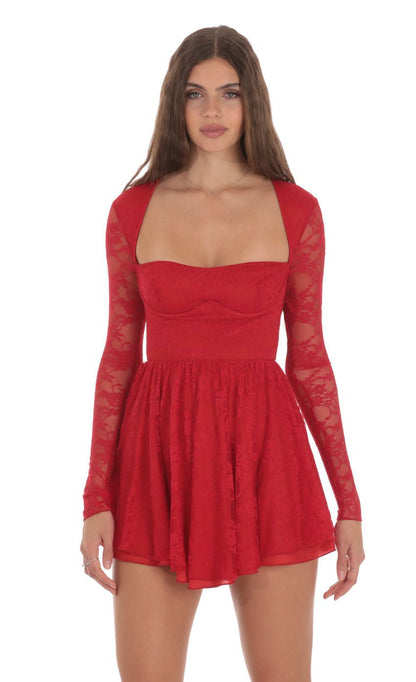 Lucy in the Sky Long Sleeve Lace A-line Dress in Red