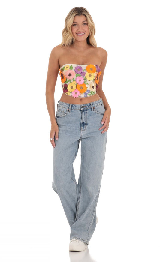 Lucy in the Sky 3-D Flower Strapless Top in Cream