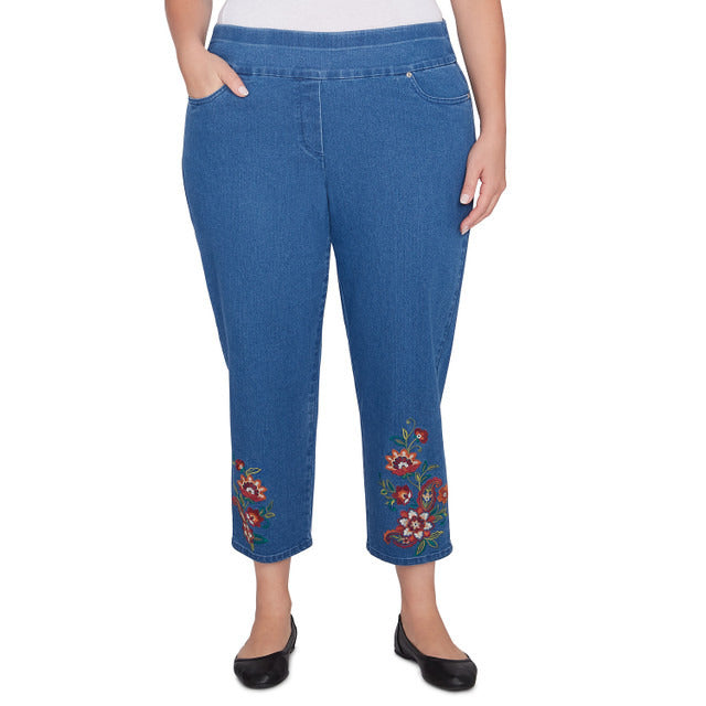 Alfred Dunner Women's Floral Embroidered Denim Ankle Pant