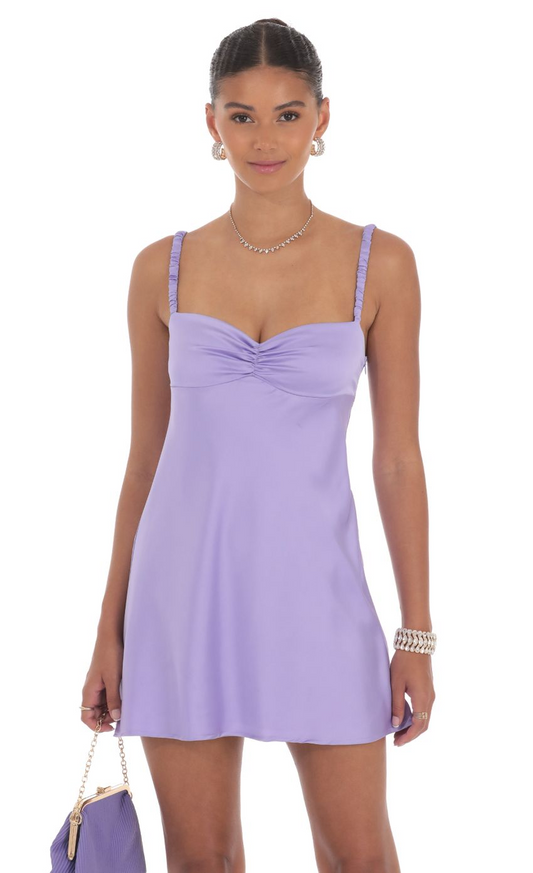 Lucy in the Sky Satin Babydoll Dress in Purple