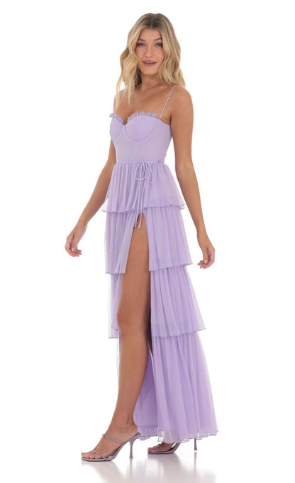 Lucy in the Sky Mesh Ruffle Maxi Dress in Lavender