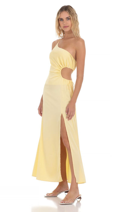 Lucy in the Sky Satin Cutout Maxi Dress in Yellow