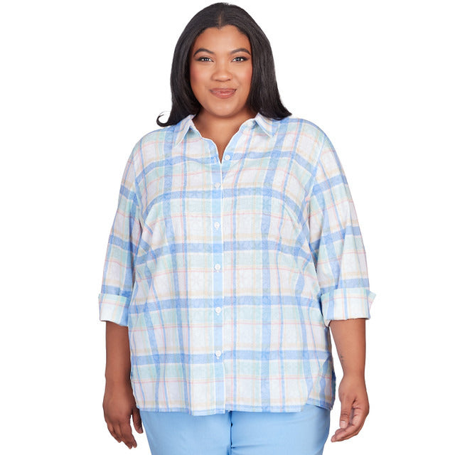 Alfred Dunner Women's Neutral Plaid Button Down Top