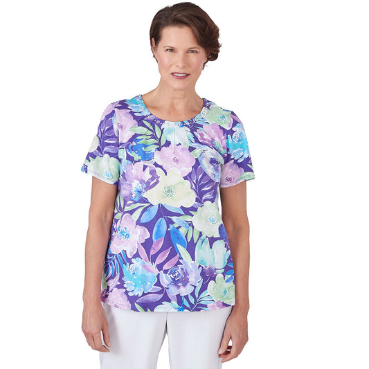 Alfred Dunner Women's Pleated Neck Floral Short Sleeve Tee