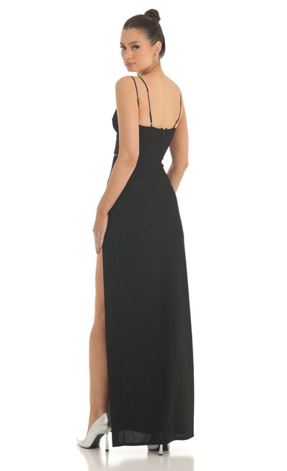 Lucy in the Sky Rhinestone Crepe Cutout Maxi Dress in Black