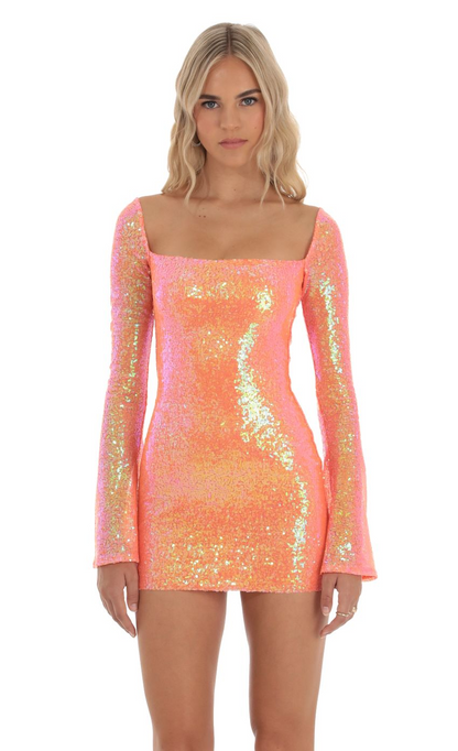 Lucy in the Sky Iridescent Sequin Long Sleeve Dress in Orange