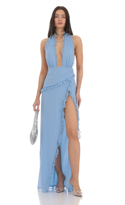 Lucy in the Sky Plunge Neck Halter Dress in Blue