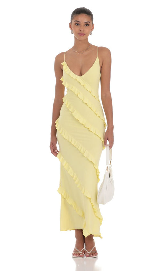 Lucy in the Sky Ruffle V-Neck Maxi Dress in Yellow