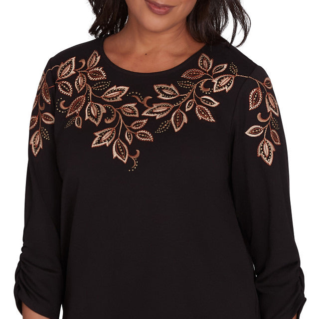 Alfred Dunner Women's Leaf Embroidered Ruched Sleeve Sweater