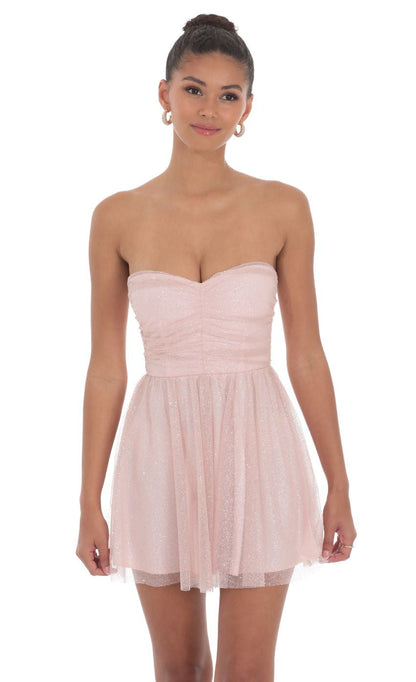 Lucy in the Sky Glitter Strapless A-Line Dress in Pink